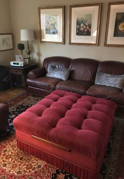 Custom made Ottoman - burgundy w/ gold fleck and fringe