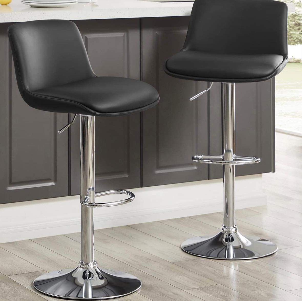 Modern Bar stools, swivel stools, Counter Height, Adjustable Height 24" to 34", Set of 2, PU in Black, E-18