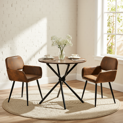 Homy Casa FONTANA+MAYFAIR 3PC Dining Set 31.5” Round Dark Walnut Table with 2 Mayfair Suede Brown Upholstered Chairs