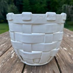 Vintage Italian White Ceramic Woven Basket Planter Pot Decor