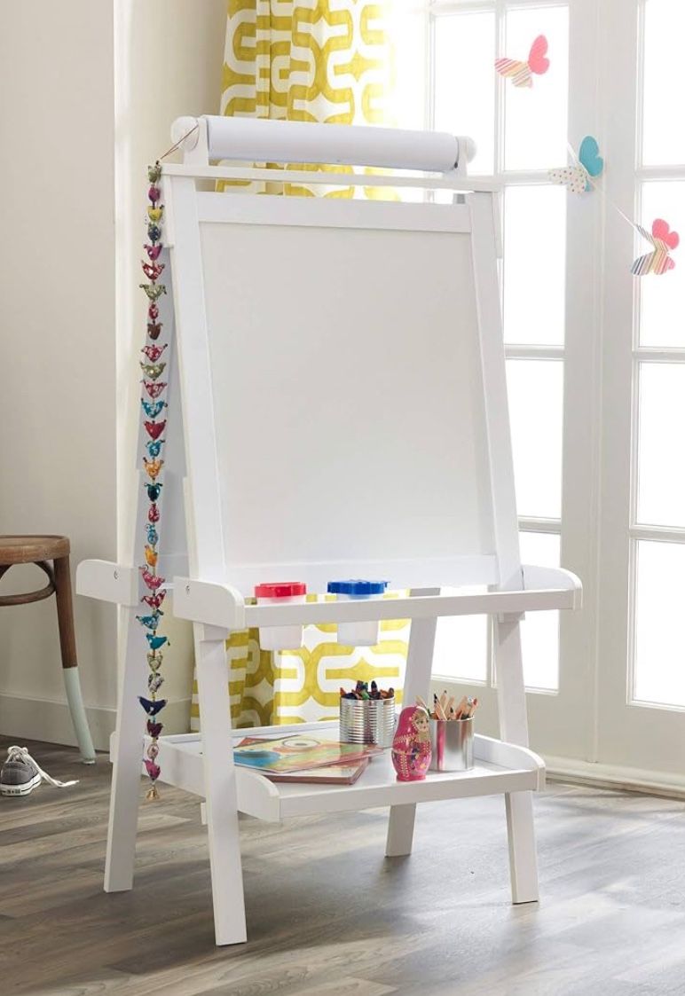 KidKraft Deluxe Wooden Easel with Chalkboard and Dry Erase Surfaces, Paper Roll and Paint Cups white