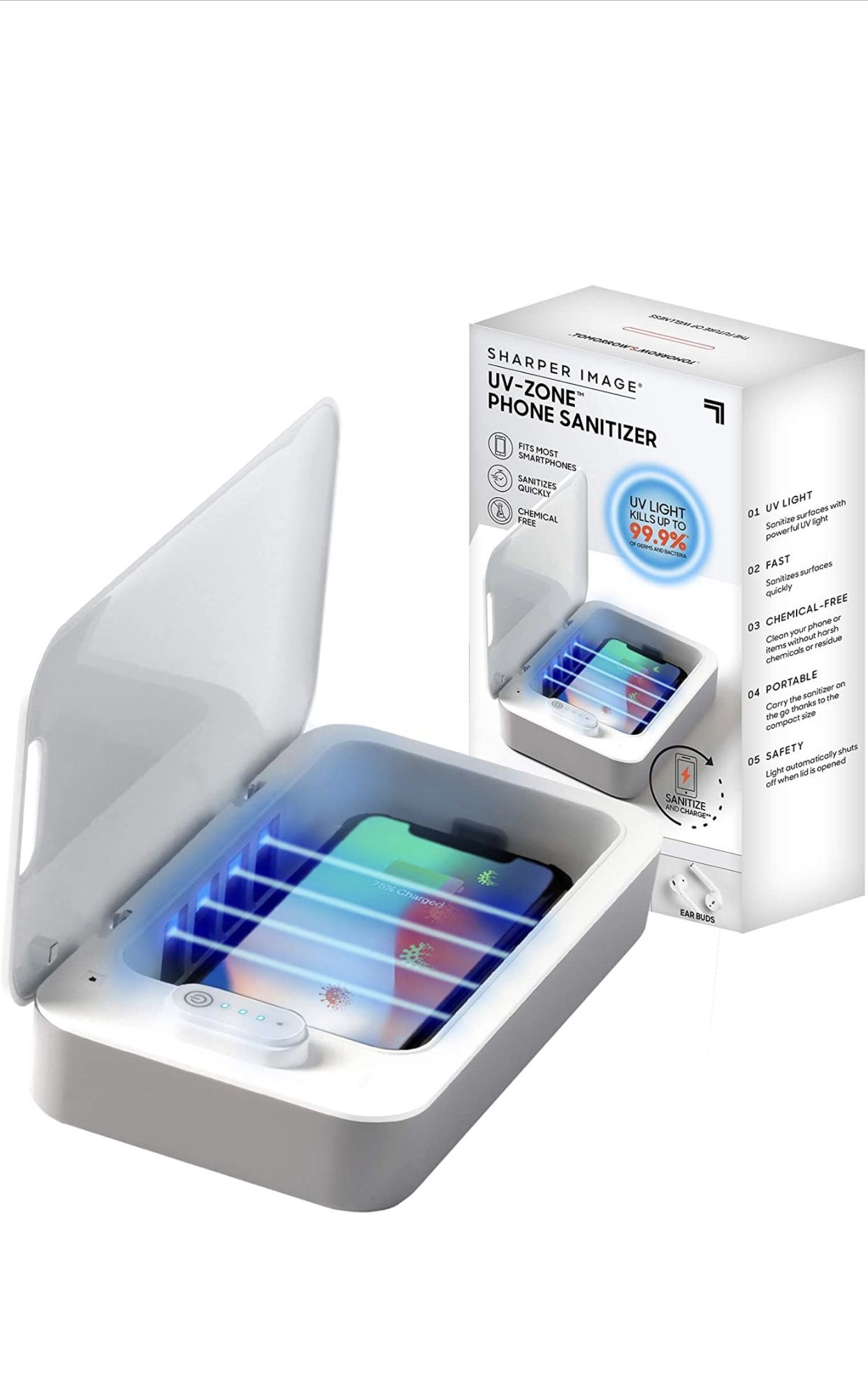 UV zone phone sanitizer by sharper image sanitizer and kill becteria on smart phones Iphone, Android, air pods, credit cards and more with UV light