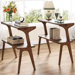 HL0175 27.56 in. Brown Rectangular Wood End Table (Set of 2), 2-Tier Sofa Side Table Narrow Couch Table for Living Room