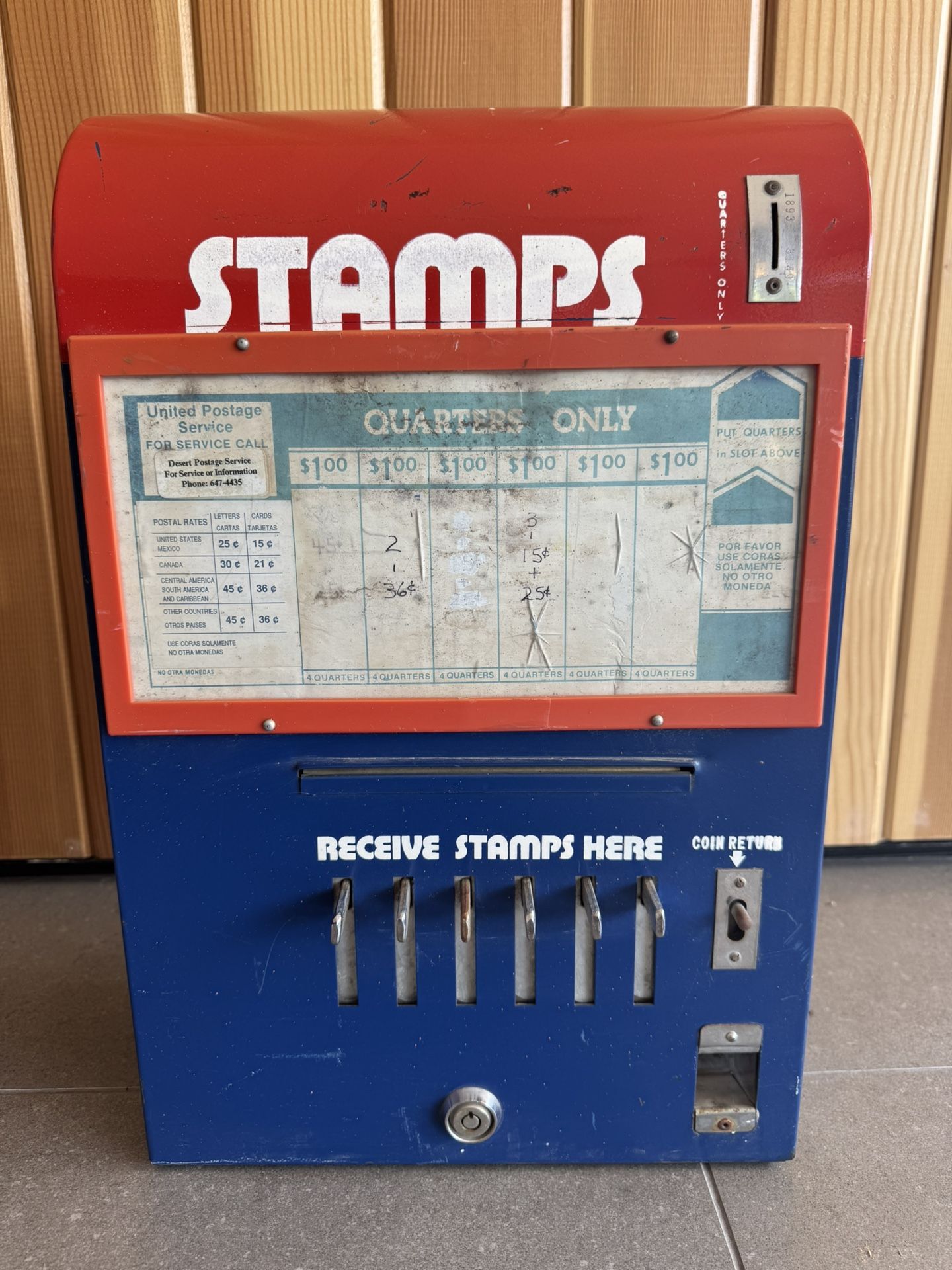 Antique Vintage USPS Postal Service Stamp Vending Machine - Wall Mounted Coin Op