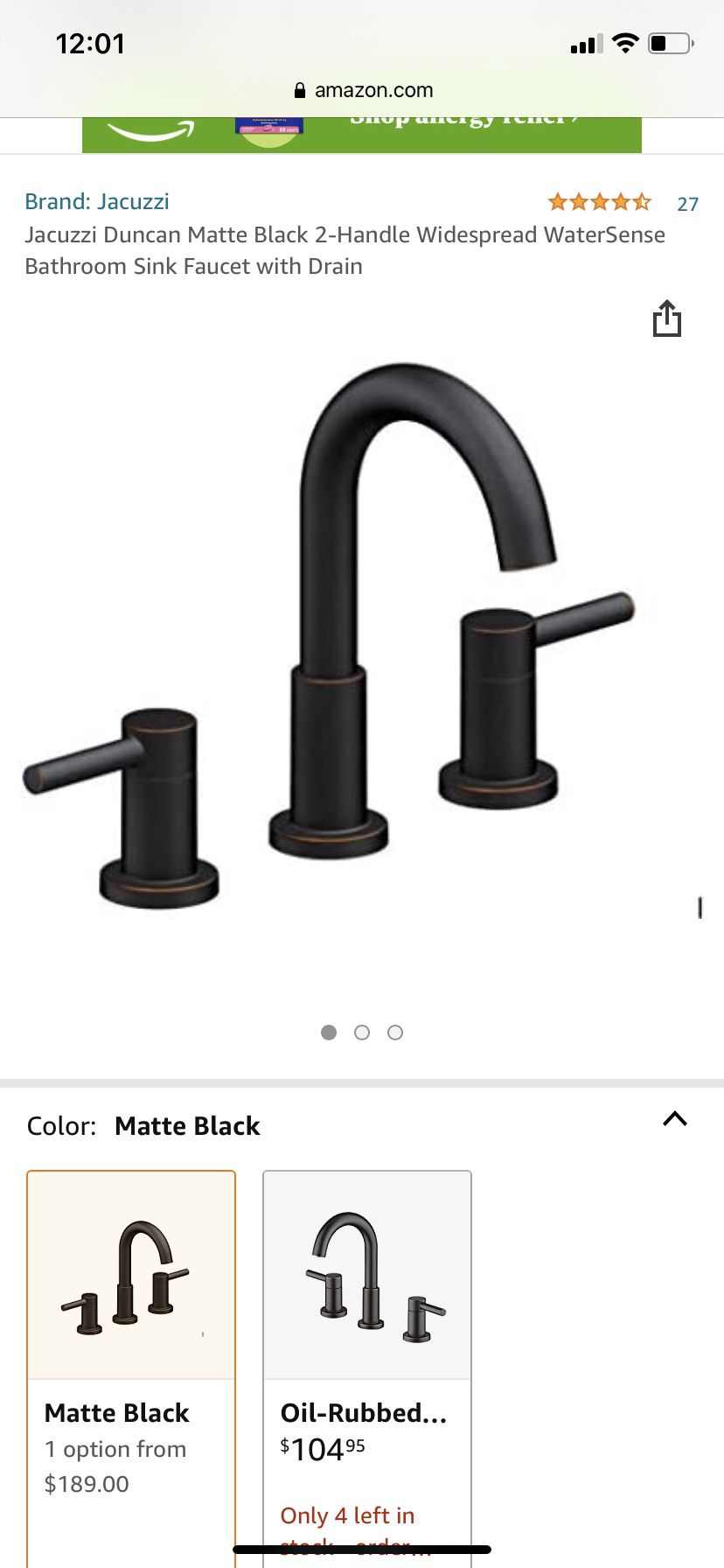 Jacuzzi  Duncan Matte Black Finish Wide Spread Bathroom Faucet , 2 Available 