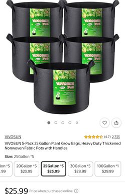 VIVOSUN 5-Pack 25 Gallon Plant Grow Bags, Heavy Duty Thickened Nonwoven Fabric Pots with Handles