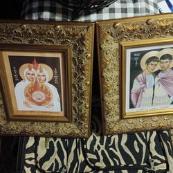 2 framed religious icons featuring Sts. Sergius and Bacchus designed by Br. Robert Lentz for sale.