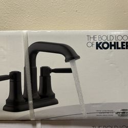 KOHLER Ealing Matte Black 4-in centerset 2-handle WaterSense Bathroom Sink Faucet with Drain