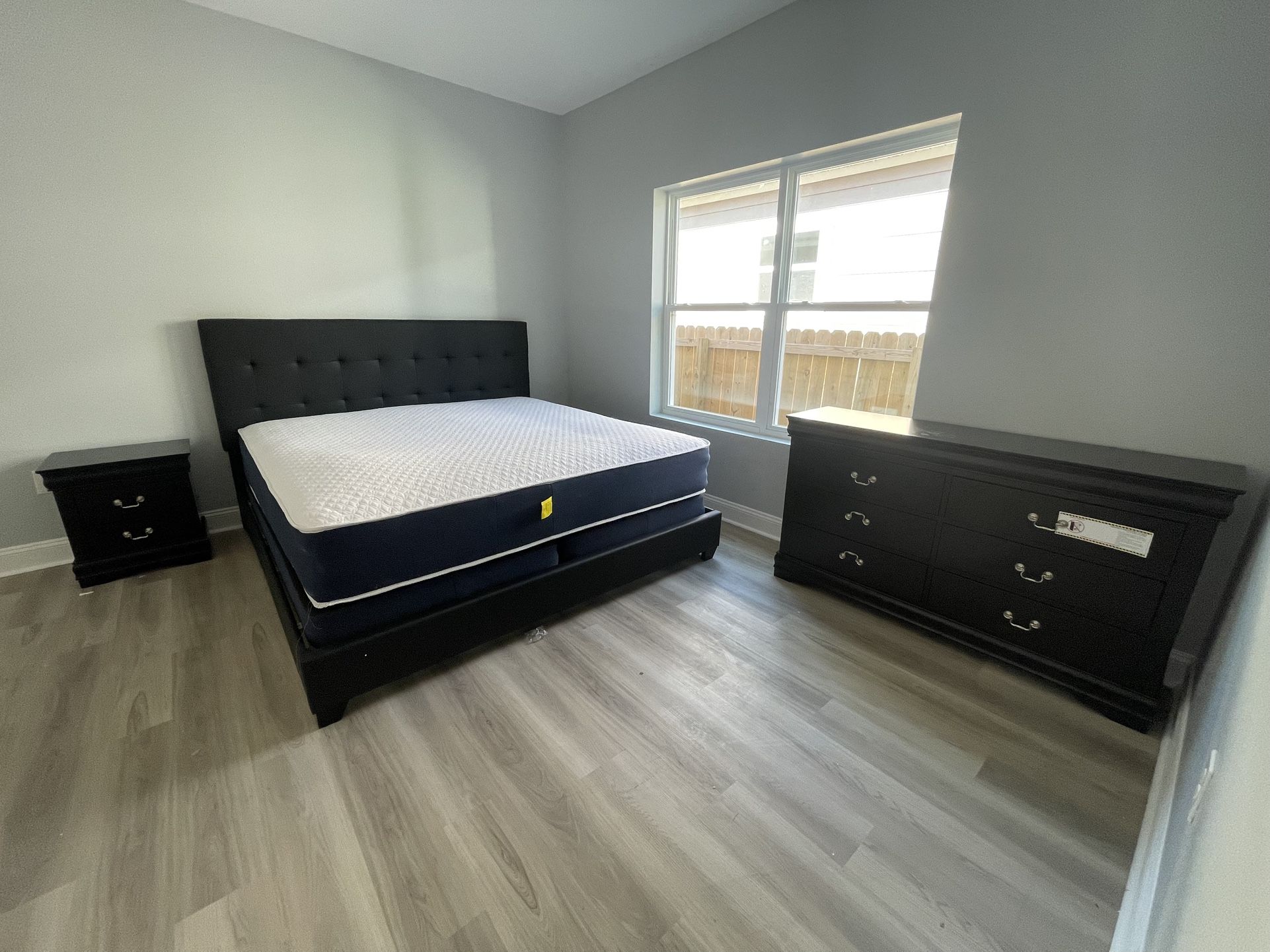 KING SIZE BED FRAME , DRESSER & NIGHTSTAND $575! QUEEN SIZE $545! Add mirror for $45 Add second nightstand for $105 Add king size mattress set $245 A