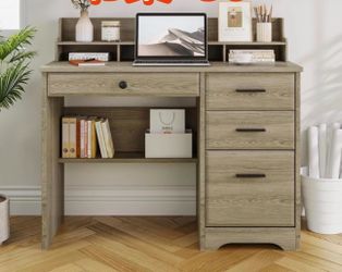 Computer Desk with Drawers, Small Desk with Monitor Stand and File Drawer, Wood Desk with Storage, Writing Desk for Bedroom Home Offic, Grey