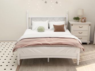Queen Bed Frame with Fabric Upholstered Headboard, Solid Rubber Wood Foundation , White