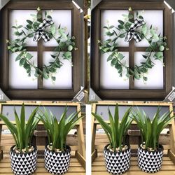 Farmhouse Rustic Wood Window Pane Frame & Potted Plants Bundle Of 6