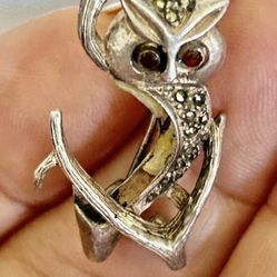 Vintage Marquesite Owl Sterling Silver  Brooch Pin