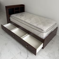 Twin Bed Box Frame With 3 Pull Out Draws & Backboard Shelves