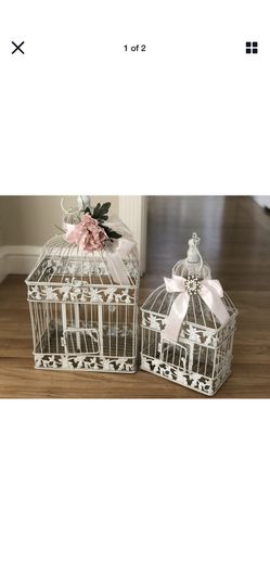 Set of two shabby chic vintage white birdcages wedding decor card box