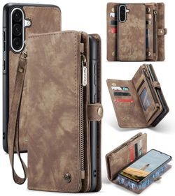 CaseMe Samsung Galaxy A56 5G Magnetic Detachable Leather Zipper Wallet Case with Wrist Strap Brown