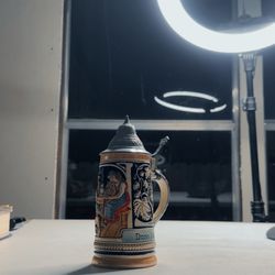 1 Liter German Beer Stein, Painted Tavern Scene