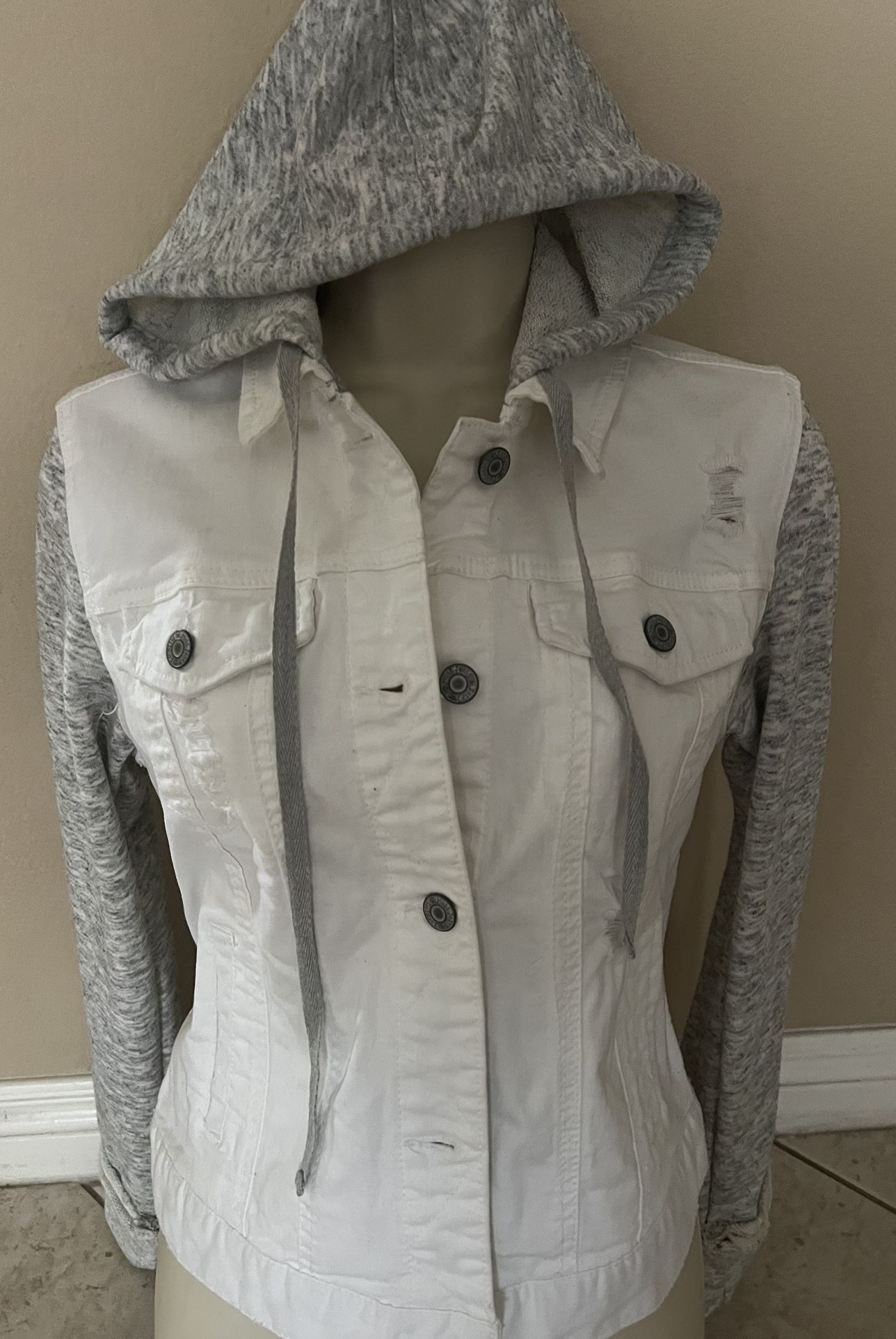 Mudd Distressed Denim & Fabric Jean Jacket Medium