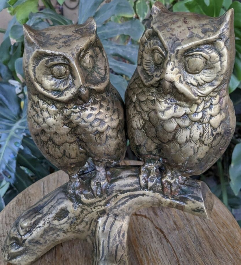 MCM Mid Century Brass Pair of Owls on Tree Branch