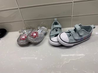 Toddler Girls Size 8 Shoe Bundle – Floral Sneakers + Glitter Jelly Sandals