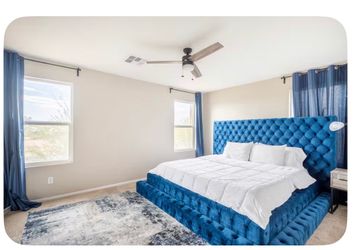 King bed, mattress, rug and grey nightstand