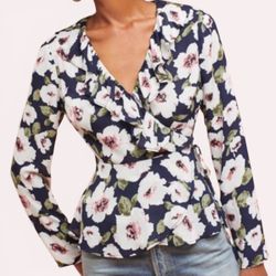 Anthropologie Eri + Ali Floral Ruffle Tie Waist Wrap Top, Size XL, MSRP $98