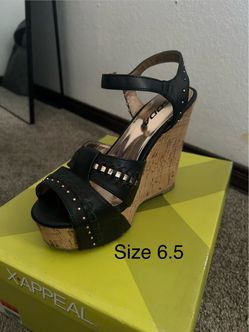 Black Cork Wedge Sandals Size 6.5