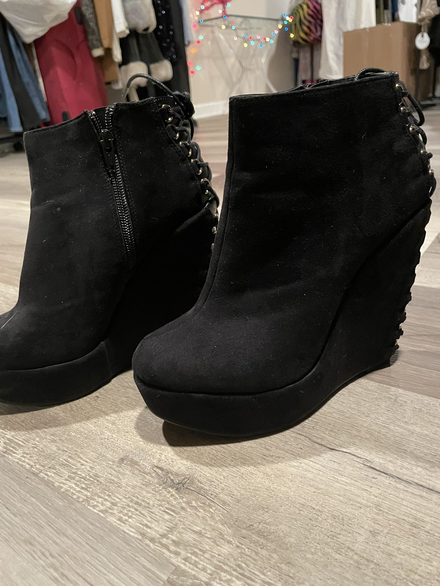 Black Velvet Wedge Bootie