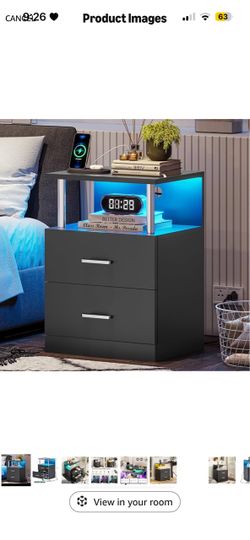 Black Nightstand with Charging Station and USB Ports, LED Night Stand with 2 Drawers, Modern End Side Tables with Open Storage, Bedside Tables for Bed