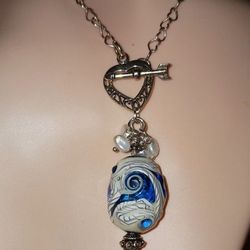 Vintage Lampwork Sea Dragon Egg And Pearl's, 22" 925ss Heart Chain