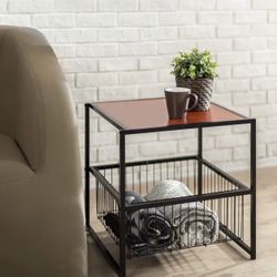 20" Side Table Square Sofa End Coffee Table with Storage Basket for Living Room
