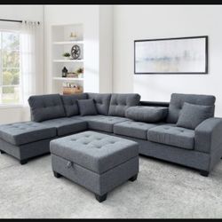 Sectional Sofa with Ottoman, Storage, Pillows and Cup Holders 