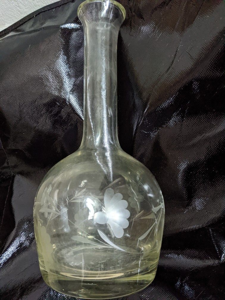 Vintage Romanian Crystal Etched Flowers Wine Carafe Pitcher Decanter Or Divided Dish Tray