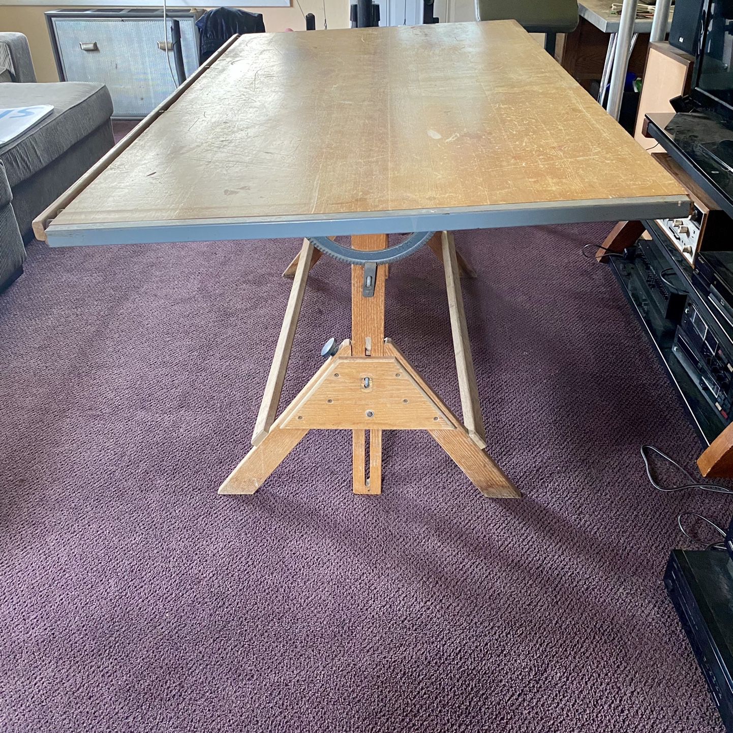 Vintage Drafting Table And Stools