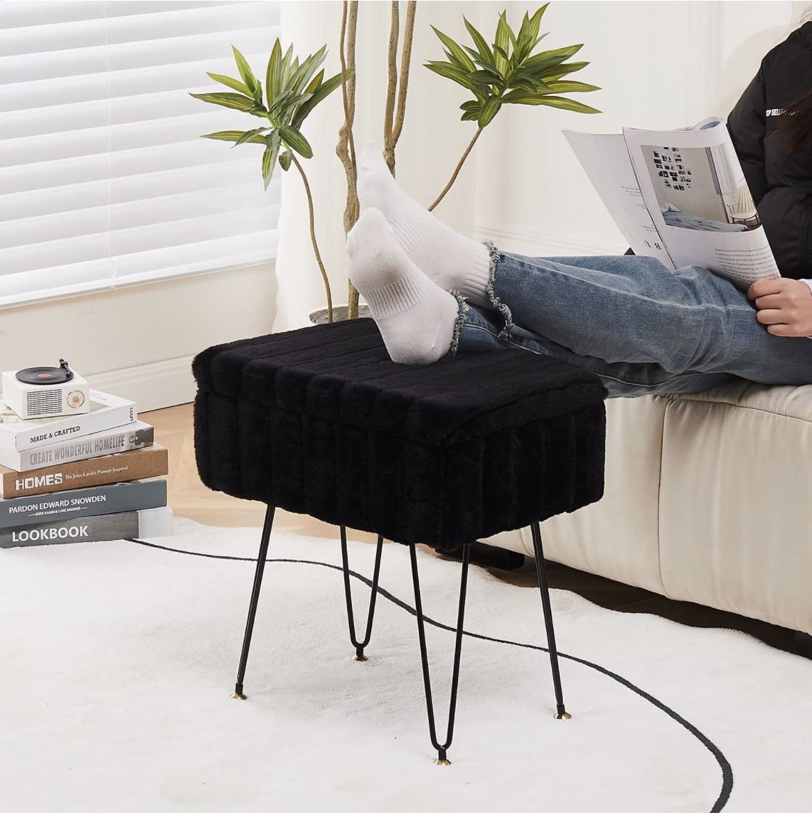 Faux Mink Fur Storage Ottoman