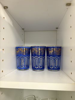 Set of 3 Moroccan blue & gold tea glasses
