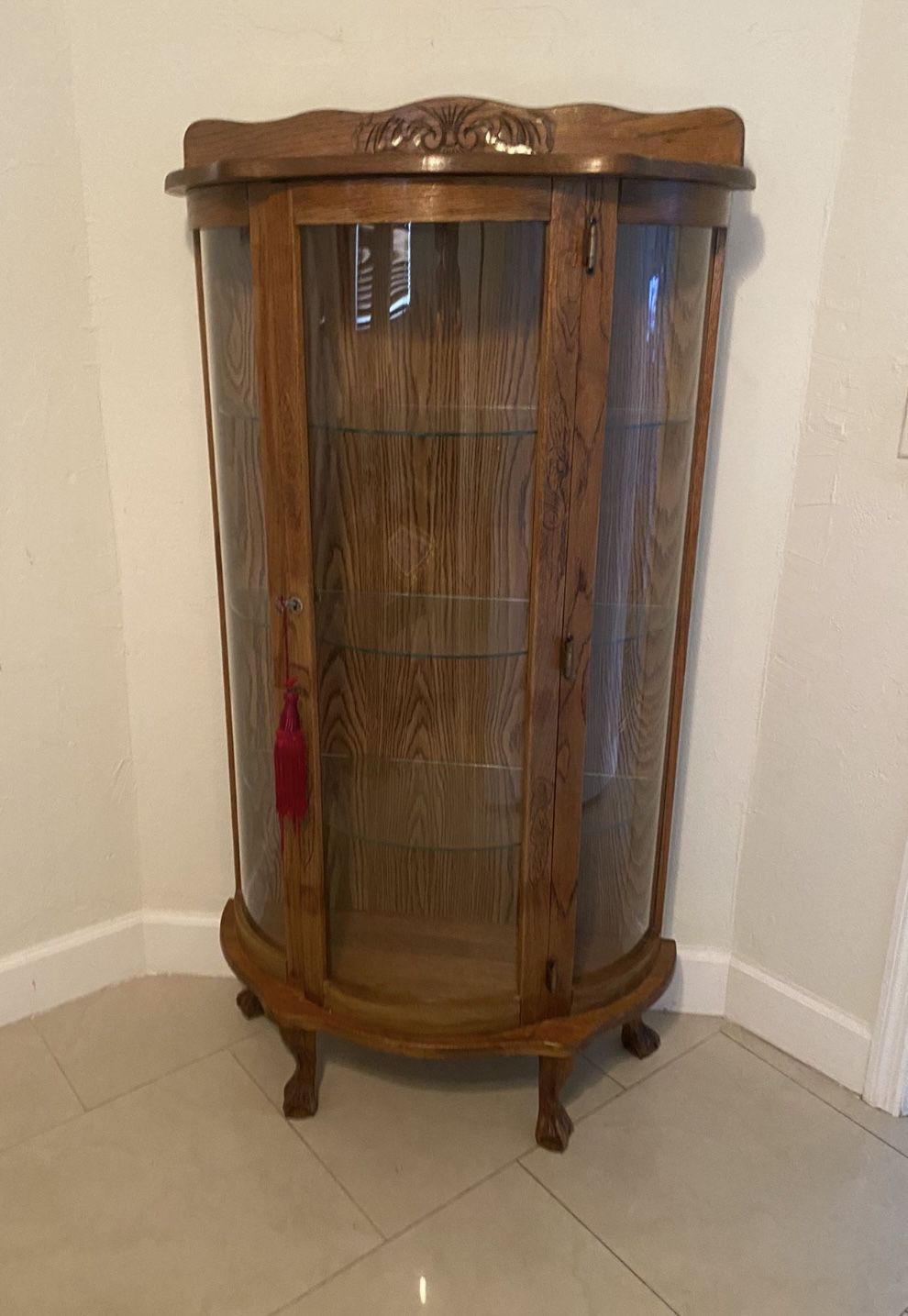 Antique Wood Curved Glass Display Cabinet