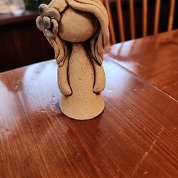 Sandstone Pottery 4" Long Hair Girl With Blue Flower