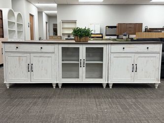 Set of 3, 3-in-1, 102”L Rustic White Sideboard Cabinet with 2 Glass Door, 4 Wood Doors and 2 Drawers, Vintage Wood Grain Design, Buffet Cabinet with S