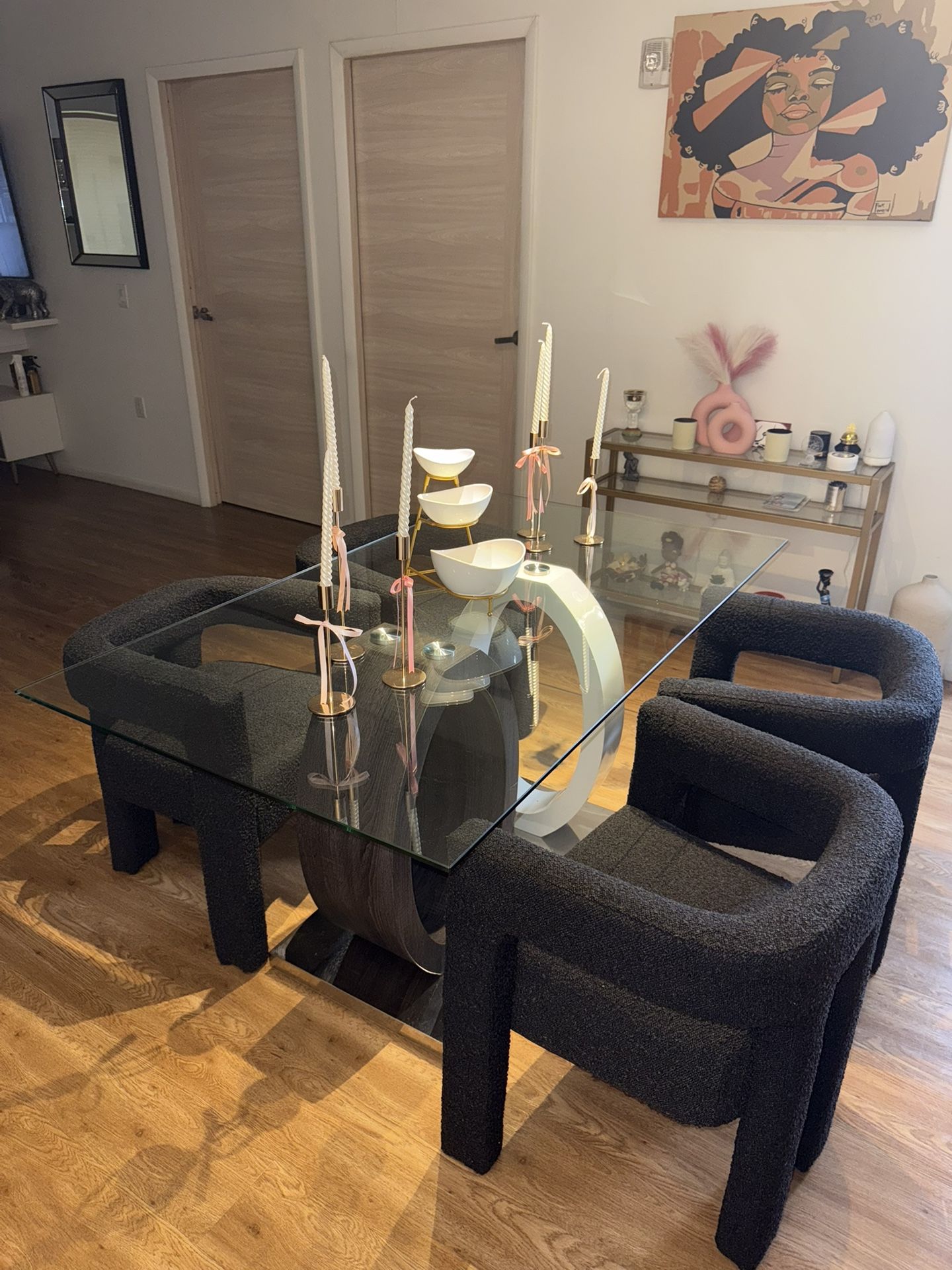 Modern Glass Dining Table with 4 Bouclé Chairs – Gently Used