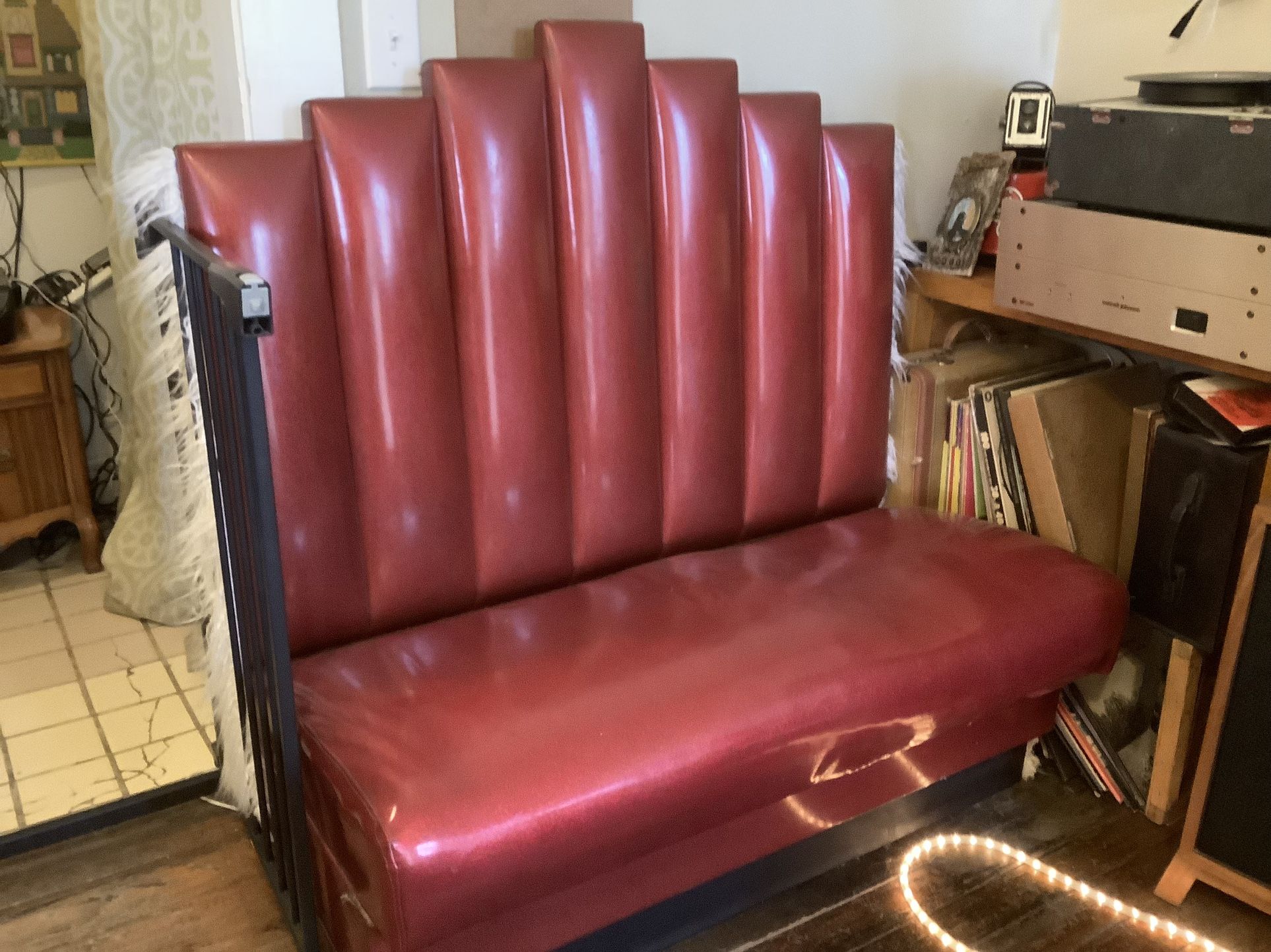 Vintage Diner Booth Red Sparkle Vinyl Seat Bench