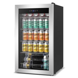 Nipus 17.52 inch Beverage Refrigerator Cooler,130 Cans Capacity Mini Fridge with Glass Door for Soda Wine Beer, with Adjustable Removable Shelves, Sil