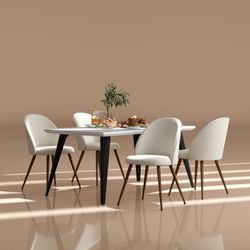 Stan 5PC Dining Set 63” Table in White Marble Top Finish with 4 Haven Upholstered Chairs Beige Fabric