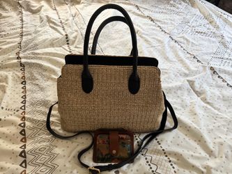Beige Woven Satchel Top Handle Bag