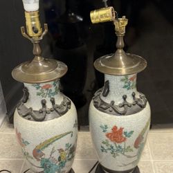 Vintage Pair Of Chinese Nan King Crackle Vase Lamps