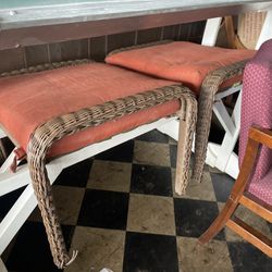 MATCHING PAIR OF RESIN WICKER FOOT STOOLS/OTTOMANS