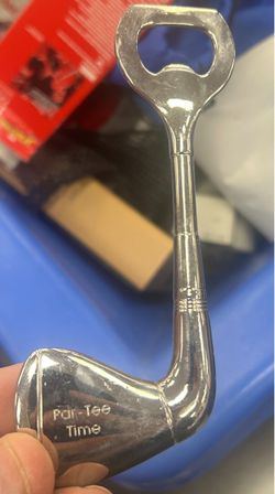golf club-shaped bottle opener engraved with the phrase "Par-Tee Time" on the club head