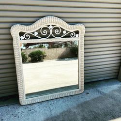 Large Vintage Boho White Wicker Mirror