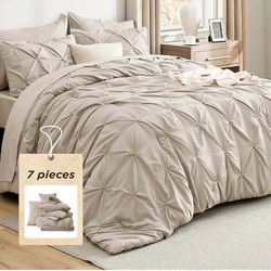 Bedsure King Size Comforter Set Beige - Bed in a Bag Bedding Set 7 Pieces, GentleSoftTM Pintuck