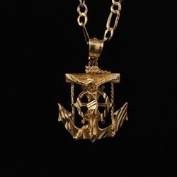 14K Yellow Gold Nautical Anchor Pendant Necklace with Jesus Crucifix & Ship Wheel - Mariner’s Cross Charm